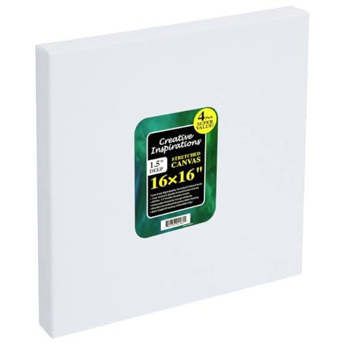 Creative Inspirations Stretched Canvas 4 Pack - 1-1/2" Deep, 16x16", 11oz Sealed & Double-Primed Cotton Canvases, Pine Stretcher Frame, Archival All-Media Primer - Alkyd, Acrylic & Oil Painting - size: 16x16"