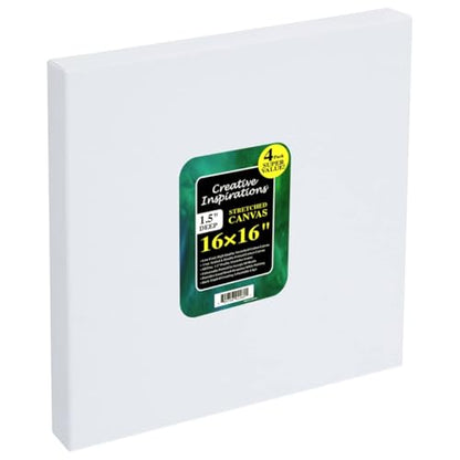 Creative Inspirations Stretched Canvas 4 Pack - 1-1/2" Deep, 16x16", 11oz Sealed & Double-Primed Cotton Canvases, Pine Stretcher Frame, Archival All-Media Primer - Alkyd, Acrylic & Oil Painting - size: 16x16"