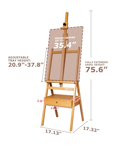 DJAR Solid Beech Wood H-Frame Art Easel with Storage Drawer, Natural | Artist Painting Stand for Adults, Holds Canvas up to 36", Main Mast Adjustable to 75", Great for Home Studios & Classroom