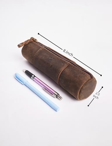 Leather Pencil Case -100% Leather Zippered Pen Pouch - Stationery Bag Pen Holder for Work & Office (Brown) - color: Brown