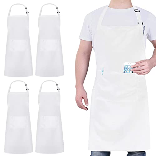 4 Packs Chef Apron, Waterproof Apron, Adjustable Aprons with 2 Pockets for Men Women, Professional Aprons for Kitchen Cooking Gardening Painting Baking Restaurant (White) - color: White