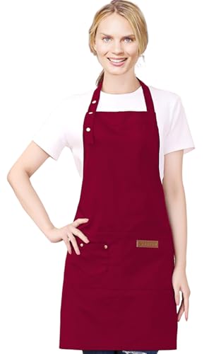 Kitchen Cooking Apron for Women Men with Big Pockets Canvas Waterproof Aprons for Server Pottery Artist Chef Apron - color: Red