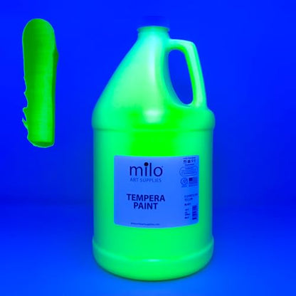 milo Fluorescent Green Neon Tempera Paint | 128 oz Bottle, 1 Gallon | Glows UV in Black Light | Non-Toxic Made in USA | Washable Bulk Art Paint for Party, Student, Classroom, Artist - color: Fluorescent Green