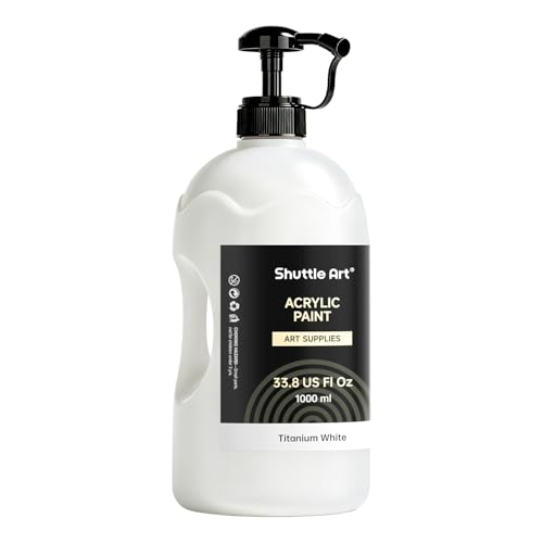 Shuttle Art Titanium White Acrylic Paint, 33.8oz/1000ml Large Capacity Pump Bottle with Cover, Fast Drying Non-Toxic, High Coverage Titanium White Paint for Kids, Artists, Students & DIY Crafts - color: White, size: 33.8 Fl Oz (Pack of 1)