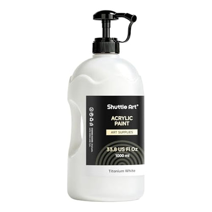 Shuttle Art Titanium White Acrylic Paint, 33.8oz/1000ml Large Capacity Pump Bottle with Cover, Fast Drying Non-Toxic, High Coverage Titanium White Paint for Kids, Artists, Students & DIY Crafts - color: White, size: 33.8 Fl Oz (Pack of 1)