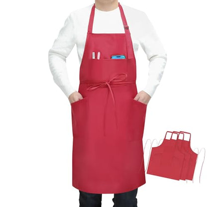 SHEOMERN 3 Pcs Dual Waterproof Oilproof Kitchen Chef Aprons with 4 Pockets for Men Women, Adjustable Soft Anti-Tear Cooking Bib Apron for Baking Grilling BBQ Painting Cleaning (Red) - color: Red