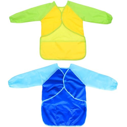 Veemoon 2pcs Waterproof Long Sleeve Aprons with 3 Pockets for Artists, Medium Size Painting Smocks in Blue and Yellow for Arts, Crafts, and DIY Activities