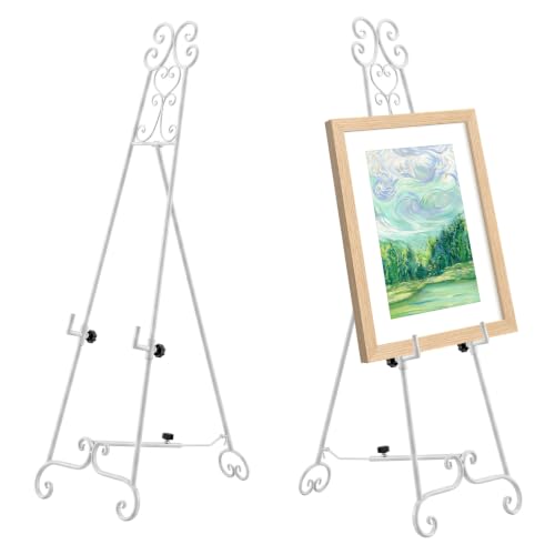 White Vintage Scrollwork Metal Display Easel Stand – Adjustable Floor Tripod Holder for Wedding Welcome Signs, Posters, Photo Frames & Artwork – Home & Party Decorative Rack - color: White