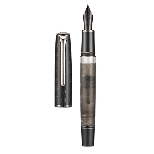 Hongdian N7 Gray Resin Piston Fountain Pen, Steel Fine Point Classic Pen Robbit on Top, Smooth Writing Pen with Metal Case - color: Gray-N7, style: Fine Point