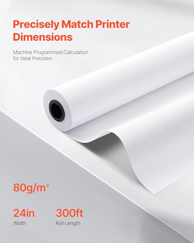 VEVOR Wide Format Paper, 24 in x 300 ft Plotter Roll, 2 Rolls CAD Bond Rolls with 2 in Core, 20 LB Bond Paper Rolls, Ideal for CAD Drawings, Engineering Plans, GIS Maps, and Architectural Designs - size: 24 in x 300 ft, style: 2 Rolls