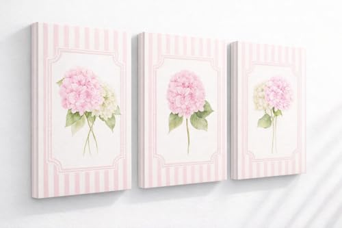 MTFBWY Pink Hydrangea Floral Canvas Wall Art Set of 3 Vintage Cottagecore Botanical Canvas Prints Shabby Chic Flower Pictures for Nursery Girls Room Baby Bedroom Decor 12x16 Inch - color: Pink Hydrangea, size: 12x16 Canvas