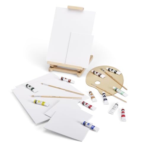 KINGART 21-Piece Artist Acrylic Painting Set with H-Frame Wooden Easel, 12 Vivid Acrylic Paint Colors, 6 Canvas Panels, 4 Brushes, Wood Palette - School, Students, Adults, Gift Giving