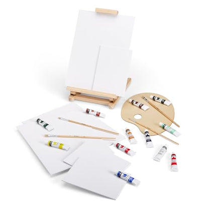 KINGART 21-Piece Artist Acrylic Painting Set with H-Frame Wooden Easel, 12 Vivid Acrylic Paint Colors, 6 Canvas Panels, 4 Brushes, Wood Palette - School, Students, Adults, Gift Giving