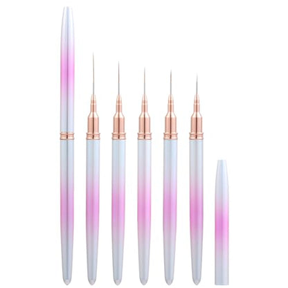 5Pcs Nail Art Liner Brushes For UV Gel Polish, Metal Handle Thin Lines Fine Drawing Pen Painting Striping Detail Design Nails Brush Set Manicure DIY Tool, Sizes 7/9/12/15/20mm（Gradient powder） - color: Gradient Powder