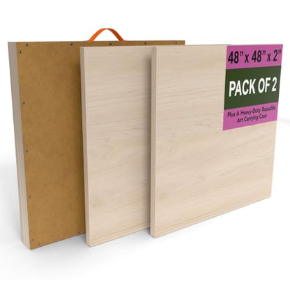 (Pack of 2) Oversized 48x48 Inch Cradled Wooden Painting Panels, Unfinished Birch Wood Art Board with Artwork Shipping Box, 2 Inch Thick Frame for Acrylic and Oil Painting Pouring and Mix Media