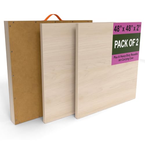 (Pack of 2) Oversized 48x48 Inch Cradled Wooden Painting Panels, Unfinished Birch Wood Art Board with Artwork Shipping Box, 2 Inch Thick Frame for Acrylic and Oil Painting Pouring and Mix Media