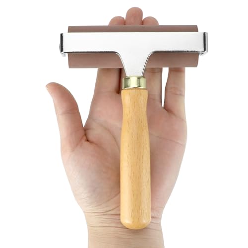QWORK 4-Inch Soft Rubber Brayer Roller, Brown Solid Ink Roller for Anti-Skid Tape Application, Printmaking, Stamping and Crafting, Heavy Duty Manual Rolling Tool for Even Pressure