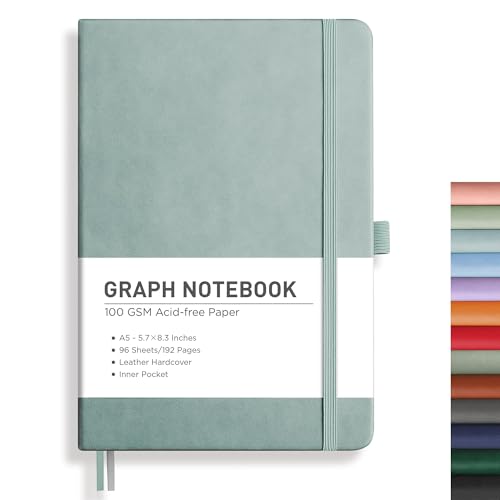 RETTACY Graph Grid Paper Notebook, 192 Pages, A5 Medium Size (5.7'' x 8.3''), 5 Squares per Inch, Leather Hardcover, 100 GSM Thick Paper, for School, Students, Math, Engineering (Blue-gray) - color: Blue-gray, style: Grid