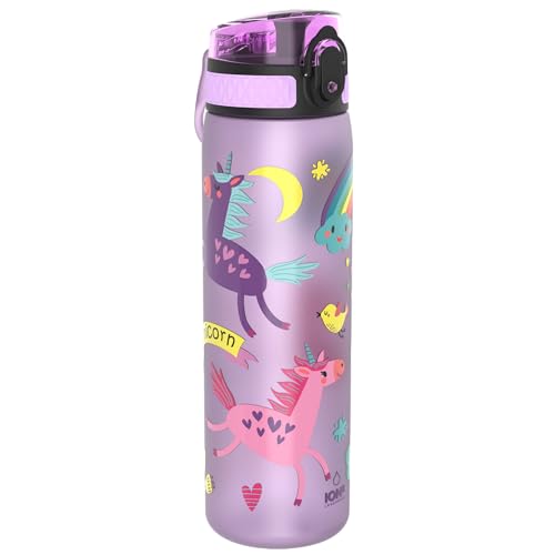 Ion8 Leak-Proof Slim Water Bottle, 500ml/17oz, Pink Unicorn - BPA-Free Odor Resistant Recyclon Polymer with One-Touch Flip Lid, Carry Loop, No Straw - Dishwasher Safe, Cupholder/Backpack Friendly - color: Pink Unicorns Rainbows, size: 18oz / 500ml