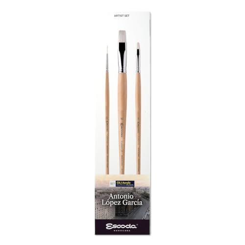 Escoda | Oil and Acrylic | Artist Set Antonio Lopez Garcia | Size 2,8,16 | 3 Brushes | White Chungking Bristle | Bright + Round Pointed | for Hyperrealistic Landscapes - color: Antonio Lopez Garcia, size: Artist Set