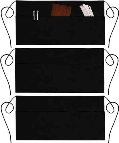 GREEN LIFESTYLE 3 Pack Server Aprons with 3 Pockets - Waist Apron, Waitress Apron for Women and Man, Water Resistant with Long Waist Strap Reinforced Seams, Half Apron (Black) - style: Server - 3 Pack