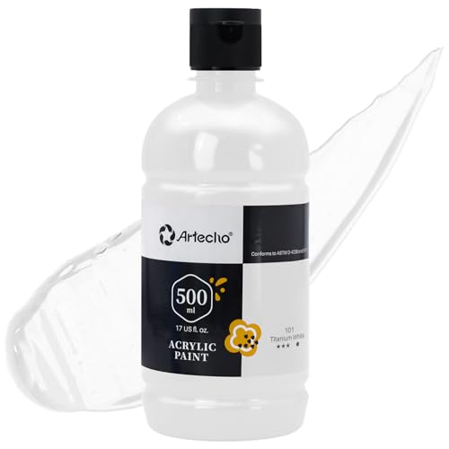 Artecho Titanium White Acrylic Paint 500ml / 17oz Large Bottle | Semi Glossy Finish, High Pigment Rich Color Craft Paint for Canvas, Rocks, Wood, Fabric, Ceramic, Non-Toxic - color: Titanium White, size: 17 Fl Oz (Pack of 1)