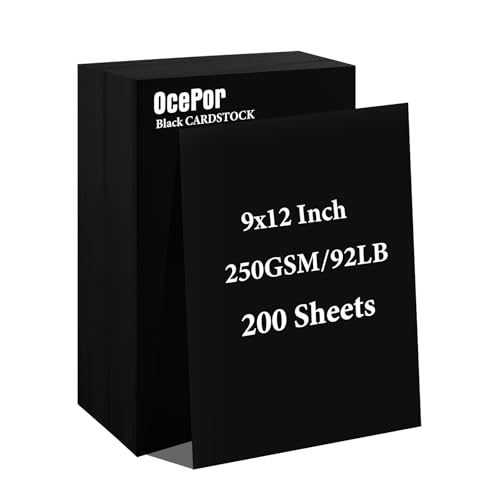 OcePor 200 Sheets Black Cardstock 9” x 12”, 92lb/250gsm Black Card Stock, Thick Card Stock Paper, Heavy Cardstock Paper for Printer, Resume, Scrapbooks, Art, Crafts, Business Cards - color: Black-200Sheets, size: 9x12