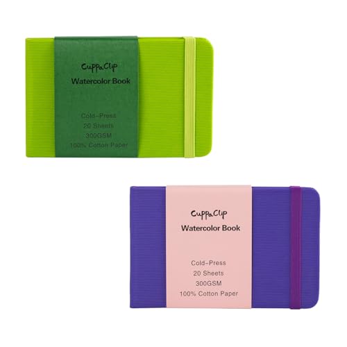 CuppaClip Watercolor Paper Cotton Cold Press with Inner Pocket Watercolor Sketchbook Journal As Travel Notebook 300 GSM 140 LB (Purple+Green-Cold Press, 5.82x3.74in) - color: Purple+Green-Cold Press, size: 5.82x3.74in