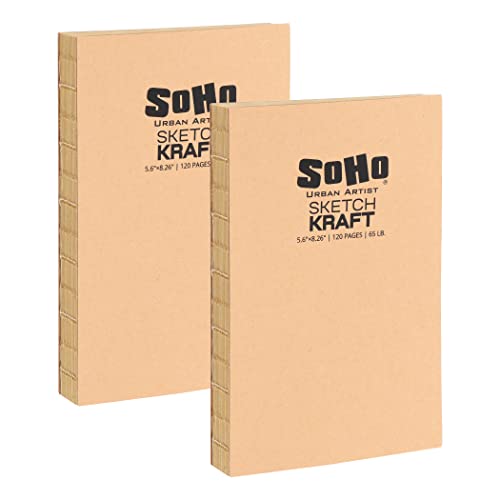 SoHo Urban Artist Open Bound Sketch Pads - Open Coptic Bound Sketch Pads for Drawing, Calligraphy, Any Dry Media, & More! - [Kraft - 5.6x8.26-2 Pack] - color: Kraft, size: 5.6x8.26" - 2 Pack