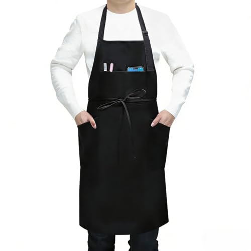 SHEOMERN 3 Pcs Dual Waterproof Oilproof Kitchen Chef Aprons with 4 Pockets for Men Women, Adjustable Soft Anti-Tear Cooking Bib Apron for Baking Grilling BBQ Painting Cleaning (Black) - color: Black