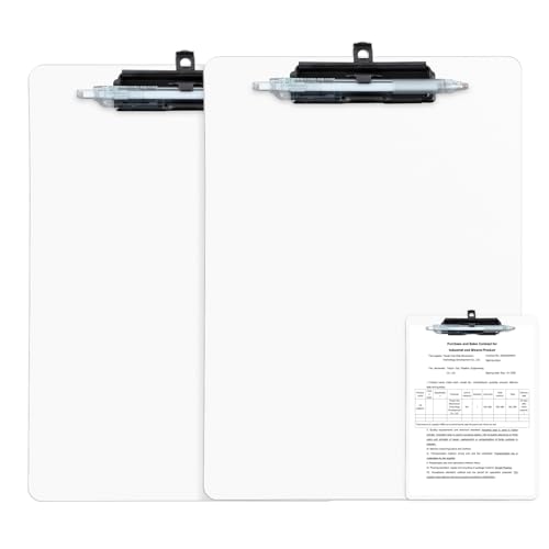 FRETONBA White Clipboard with Pen Holder, 2 Pack Plastic Clipboard with Low Profile Metal Clip, Hanging Clipboards Holds 8.5x11 Inch Papers, Standard A4 Letter Size Clip Board for Office & School - style: 2 Pack-White