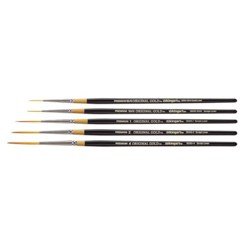 KINGART Original Gold 9050 Script Liner Series, Premium Golden Taklon Multimedia Artist Brushes, Sizes: 18/0, 10/0, 6/0, 2/0, 1, 2, 4, 6, 8, Set of 9