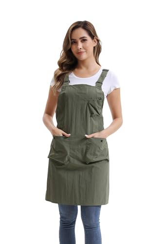 Nanxson Kitchen Apron for Women,H Style Cooking Apron with 3 Pockets | Waterproof material,pocket with buckle,adjustable waist strap,work apron for kitchen art painting gardening - color: Armygreen