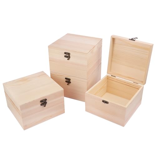 GNIEMCKIN 4 Pack Wooden Box, Unfinished Unpainted Wood Boxes for Crafts, DIY Projects, and Jewelry Storage (7.1x7.1x4.7 inch) - size: 4 Pack (7.1x7.1x4.7 inch)