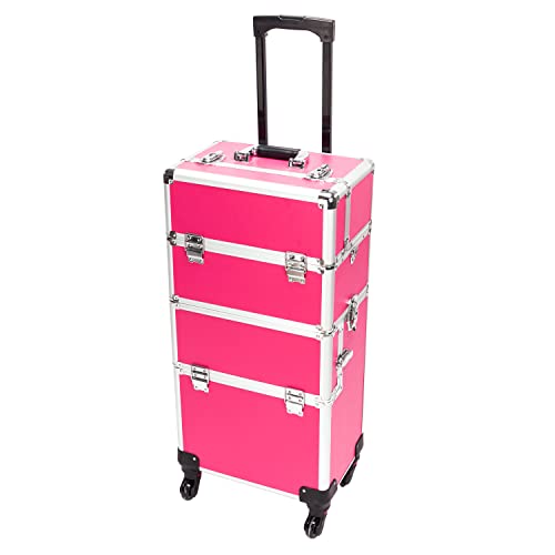 mefeir 3 in 1 Rolling Makeup Train Case, Aluminum Makeup Travel Organizer Cosmetic Case, Cosmetology Display Suitcase on Wheels, Beauty Storage Luggage Lockable w/4 Removable Wheels (Rose-Pink) - color: Rose Pink