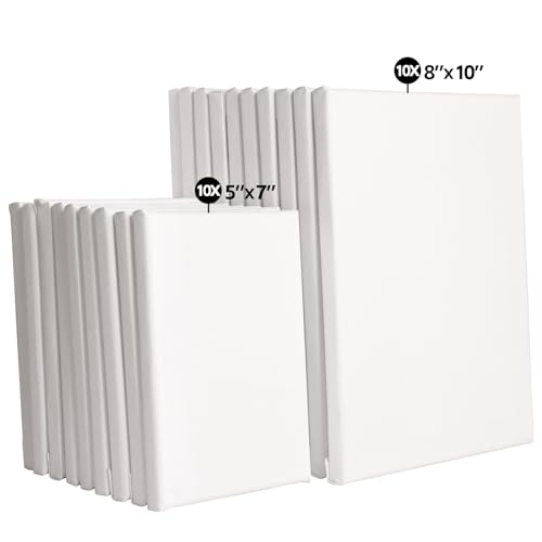 20 Pack Stretched Canvases for Painting with 10 Packs of 5x7, 8x10 100% Cotton Blank Painting Canvas for Oil, Acrylic Paint & Other Painting Media - size: 10 Pack of 5x7 and 8x10