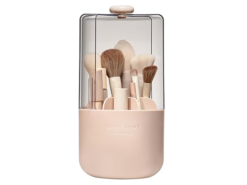 EACHY Makeup Brush Holder with Lid, 360° Rotating Vanity Organizer for Brushes, Dustproof Cosmetic Display Case, 7 Compartments, Waterproof Plastic (Pink) - color: Pink