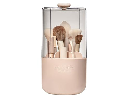 EACHY Makeup Brush Holder with Lid, 360° Rotating Vanity Organizer for Brushes, Dustproof Cosmetic Display Case, 7 Compartments, Waterproof Plastic (Pink) - color: Pink