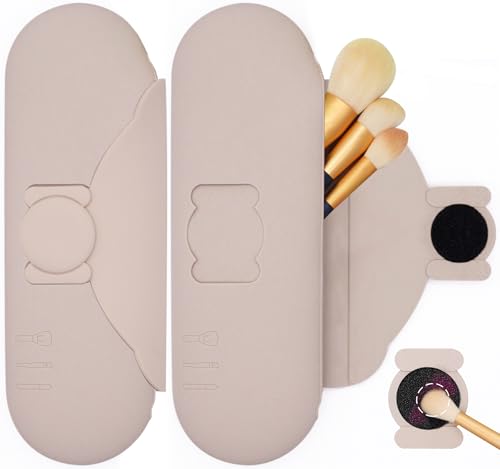 Travel Makeup Brush Holder with Cleaning Pad -Silicone Brush Organizer Case, Magnetic Closure Waterproof Cosmetic Bag for Easy Storage & On-the-Go Cleaning (9.05 Inch) - color: Khaki