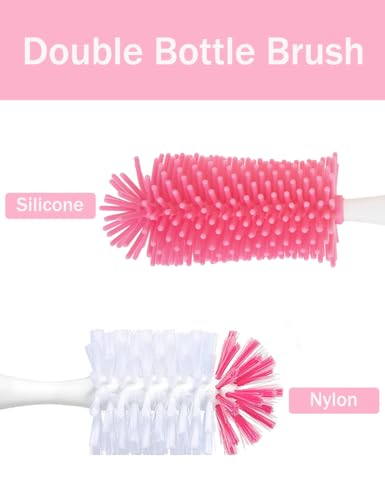 5 in 1 Bottle Cleaner Brush Set with Nylon and Silicone Bottle Brush, Straw Brush, Bottle Brush with Nipple Cleaner and Suction Cup, Cup Lid Cleaner Brushes Kit, BPA-Free (Pink) - color: Pink-nylon & Silicone Brush