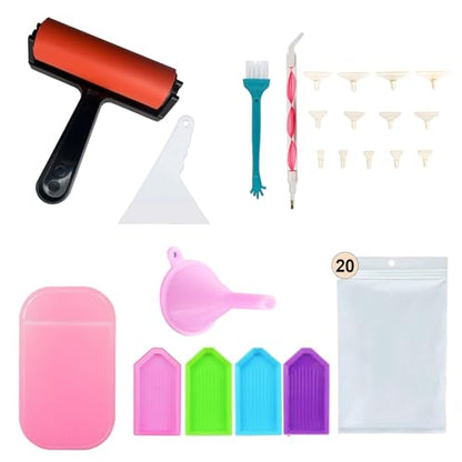 AZY 45PCS Diamond Painting Tools Kit – Diamond Art Accessories Set with Diamond Pens, 20 Storage Bags, Trays, Roller, Pink Non-Slip Mat & Essential Diamond Painting Tools for Beginners & Adults