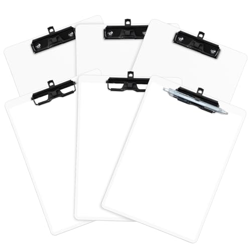 FRETONBA White Clipboard with Pen Holder, Set of 6 Plastic Clipboard with Low Profile Metal Clip, Hanging Clipboards Holds 8.5x11 Inch Papers, Standard A4 Letter Size Clip Boards for Office & School - style: 6 Pack-White