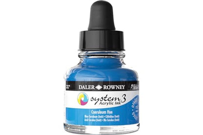 Daler-Rowney System3 Acrylic Ink Bottle Coeruleum Blue Hue 29.5ml - Versatile Acrylic Ink for Artists and Students - Opaque Calligraphy Ink for Drawing Illustrating Airbrushing Dip Pen Ink and More