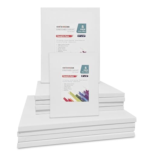 Stretched Canvas Set – 10 Pack: Large Size Combo 9x12 & 11x14 Inch, 10 Oz, 5/8" Profile – Premium Primed Canvases for Acrylic, Oil, Watercolor Painting – Ideal for Artists and Crafters
