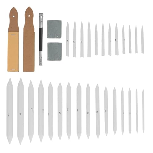 SEWCHICS 33pcs Sketching Stump and Tortillions Blending Tools Set with Sandpaper Pencil Sharpener and Kneaded Erasers for Artist Drawing and Shading Supplies