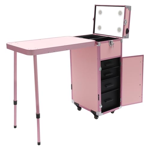Upgraded Rolling Makeup Case, Foldable Nail Tables Travel Cosmetic Trolley Storage Organizer with 4 Drawers Mirror Pink Nail Table Large Storage Makeup Organizer - color: Light Pink 4 Drawers