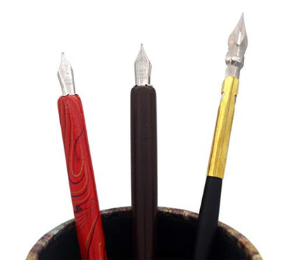 Wooden Calligraphy Dip Pen, Wood English Calligraphy Pen Copperplate Script Oblique Dip Pen Holder with 5 Different Nibs, Brown - color: Brown + 5Nib