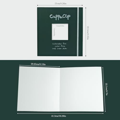 CuppaClip Watercolor Paper Pad Cover Illustration Pure Cotton Pulp Cold Press 300GSM Acid-Free Hardback Watercolor Book (Dark Green) - color: Dark green