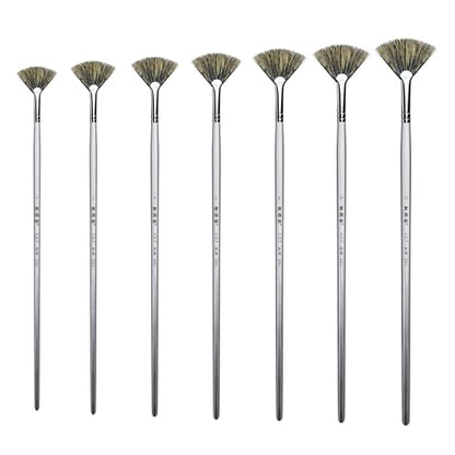 XDT#880 Fan Artist Paint Brush 7 Piece Set #0#2#4#6#8#10#12, Black Hog Bristle Extra Long Handle Fan Brushes for Painting, Acrylic Oil Watercolor - size: Black Hog Bristle 8Pc