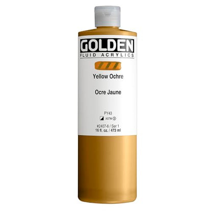GOLDEN Fluid Acrylics, Yellow Ochre, 16 fl. oz. Bottle, Professional Acrylic Paint, Semi-Opaque